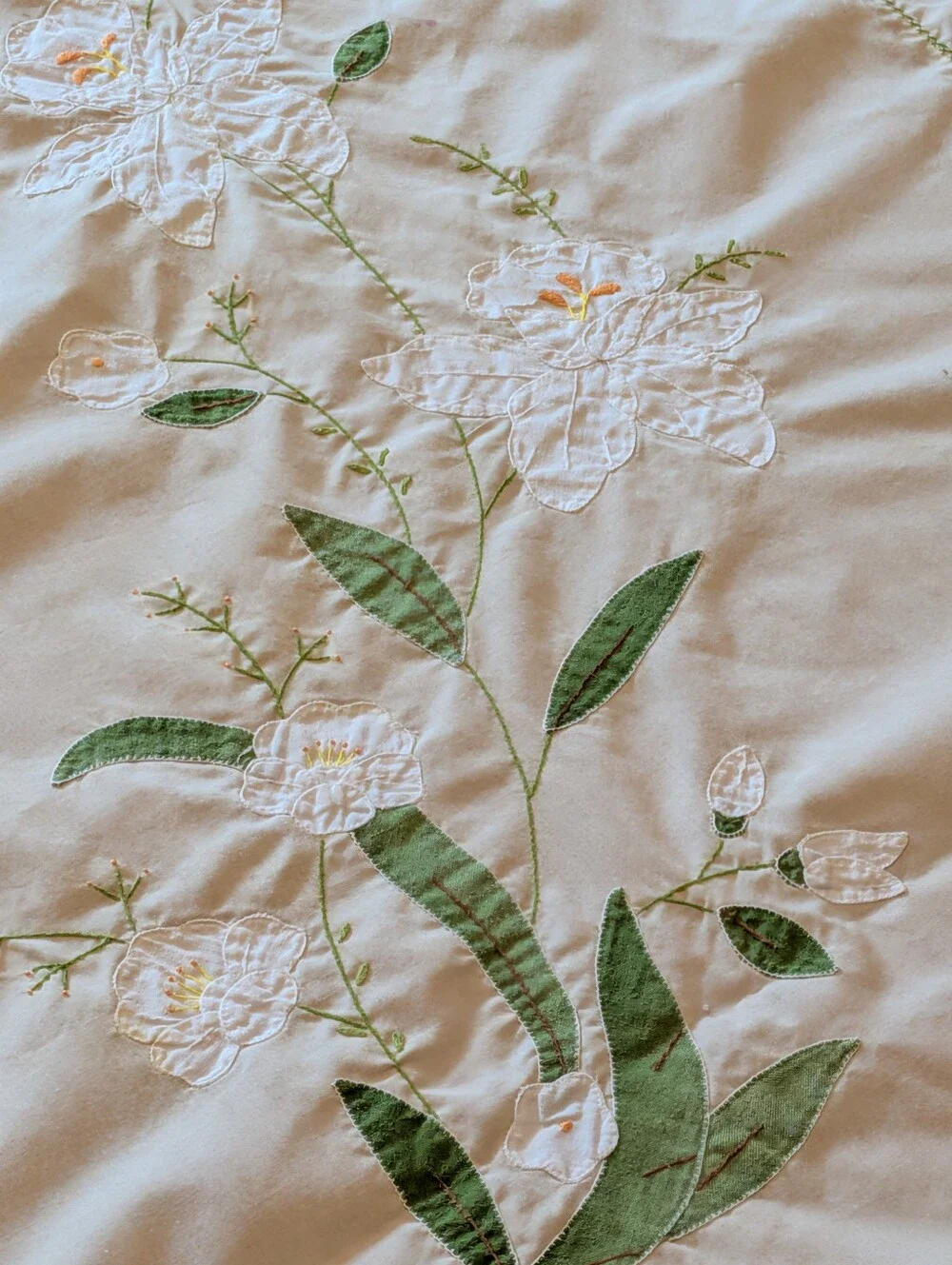 Vintage Cream Embroidered Dining Tablecloth with Green Floral Accents 83”x66.5”